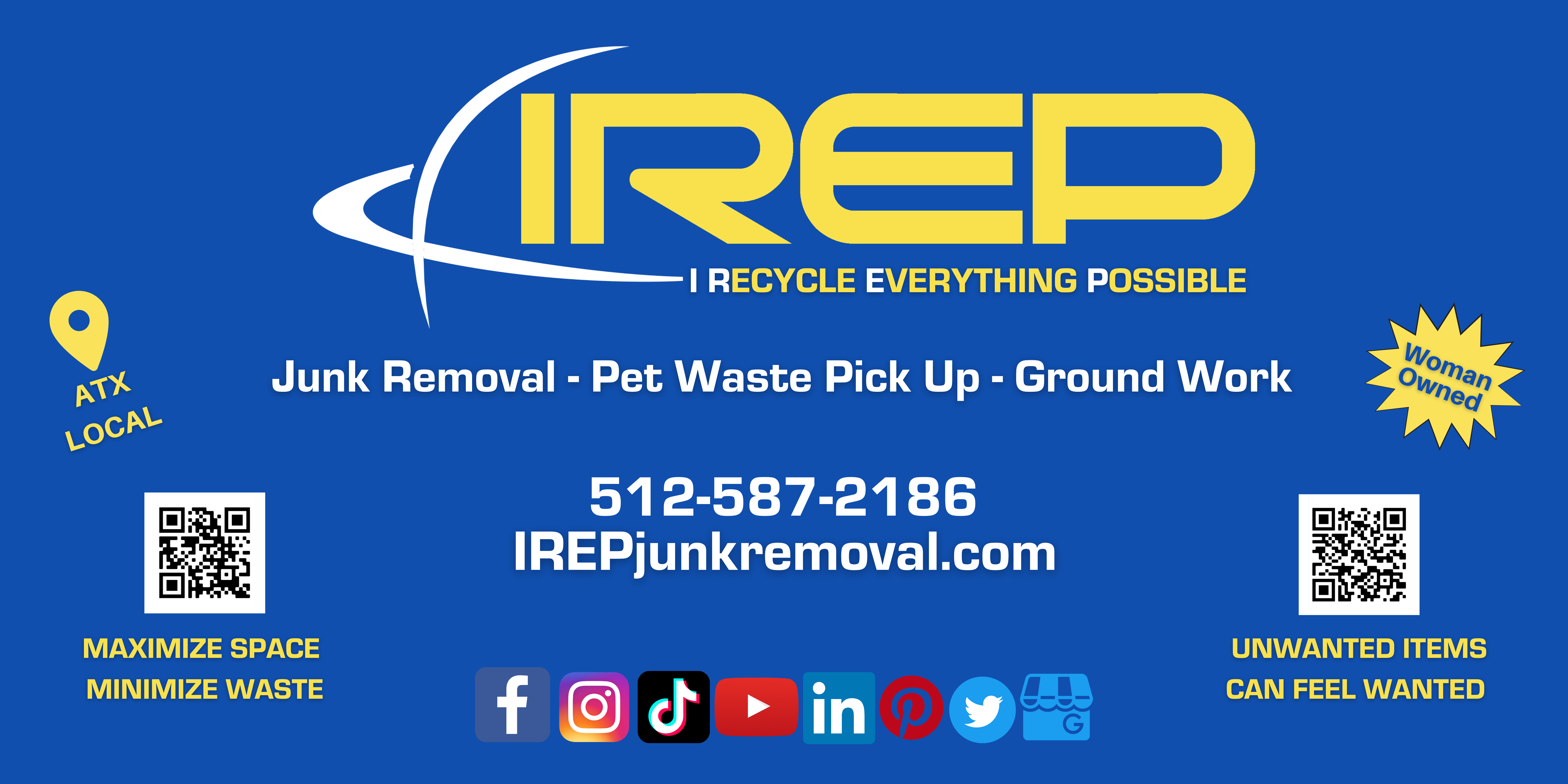 IREP Junk Remvoal austin banner with tag and social media logos