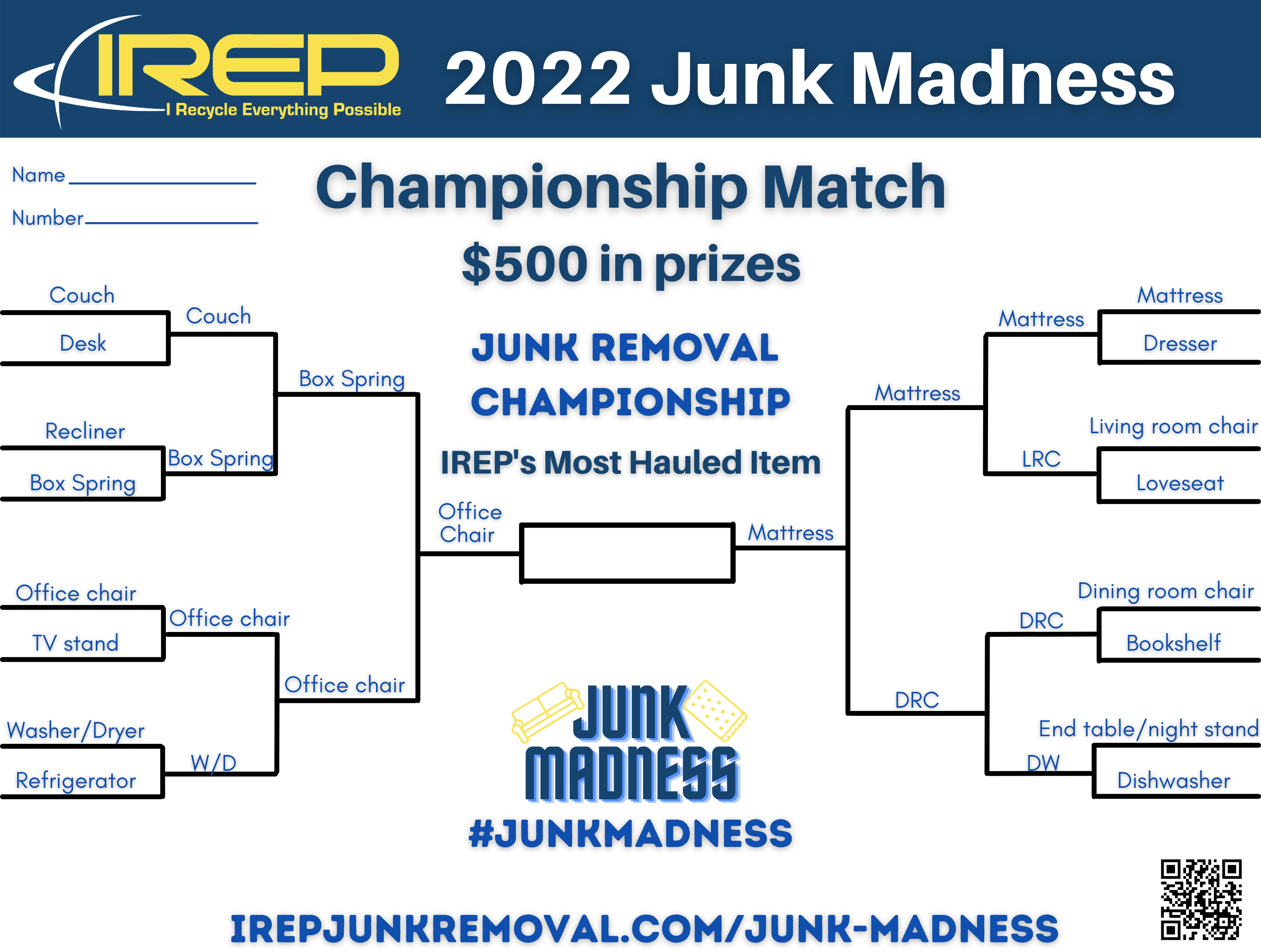 IREP Junk Madness 2022 Brackets championship march basketball free play prizes