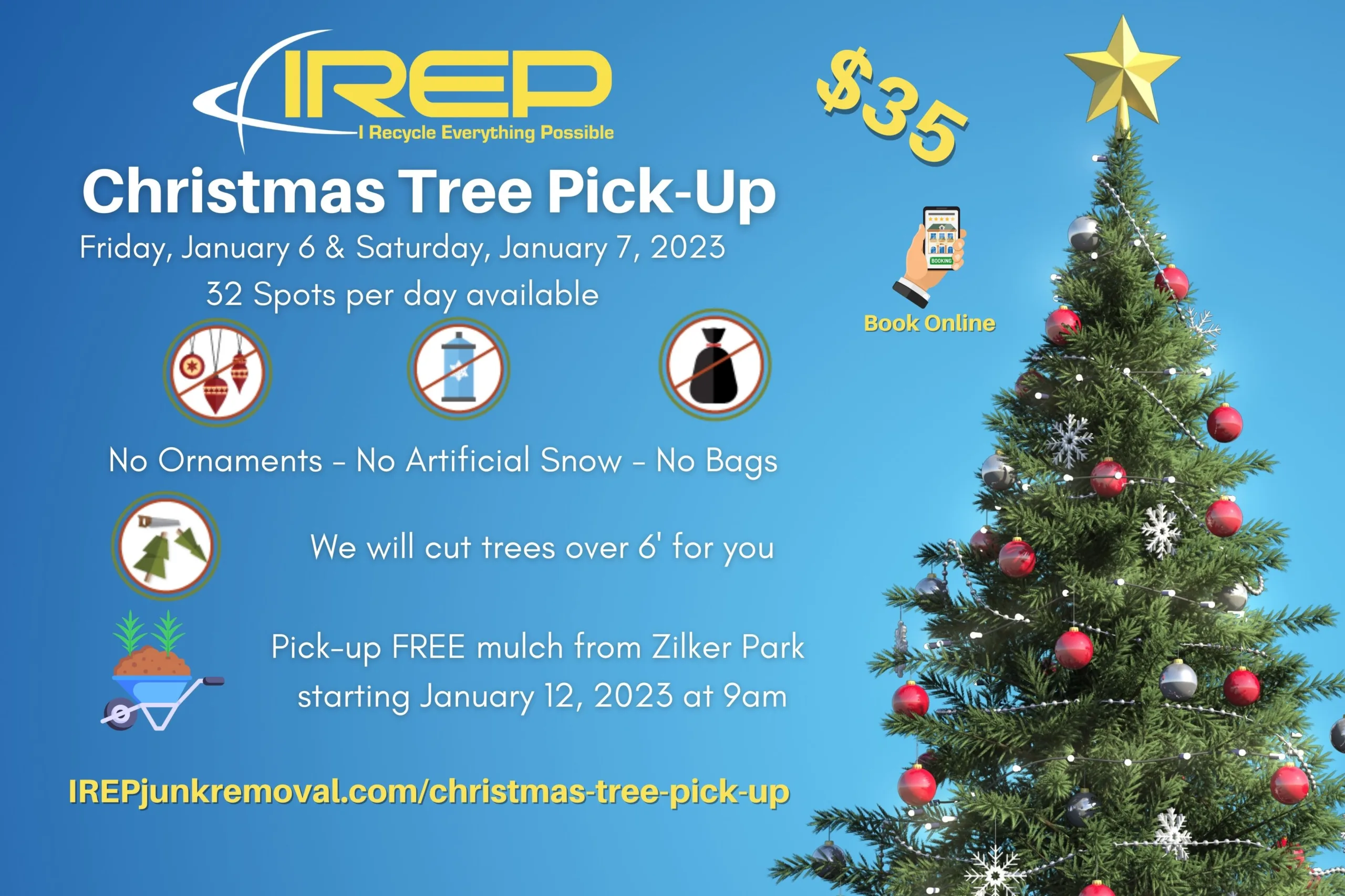 IREP Junk Removal Christmas tree pickup to recycle and turn into mulch at Zilker Park in Austin, TX