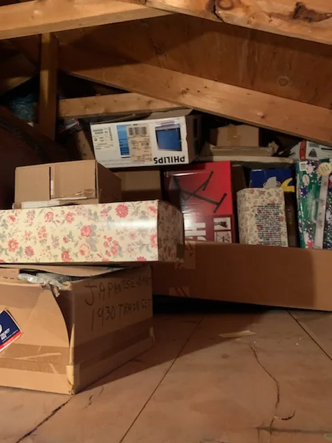 attic full of boxes and other junk stuff
