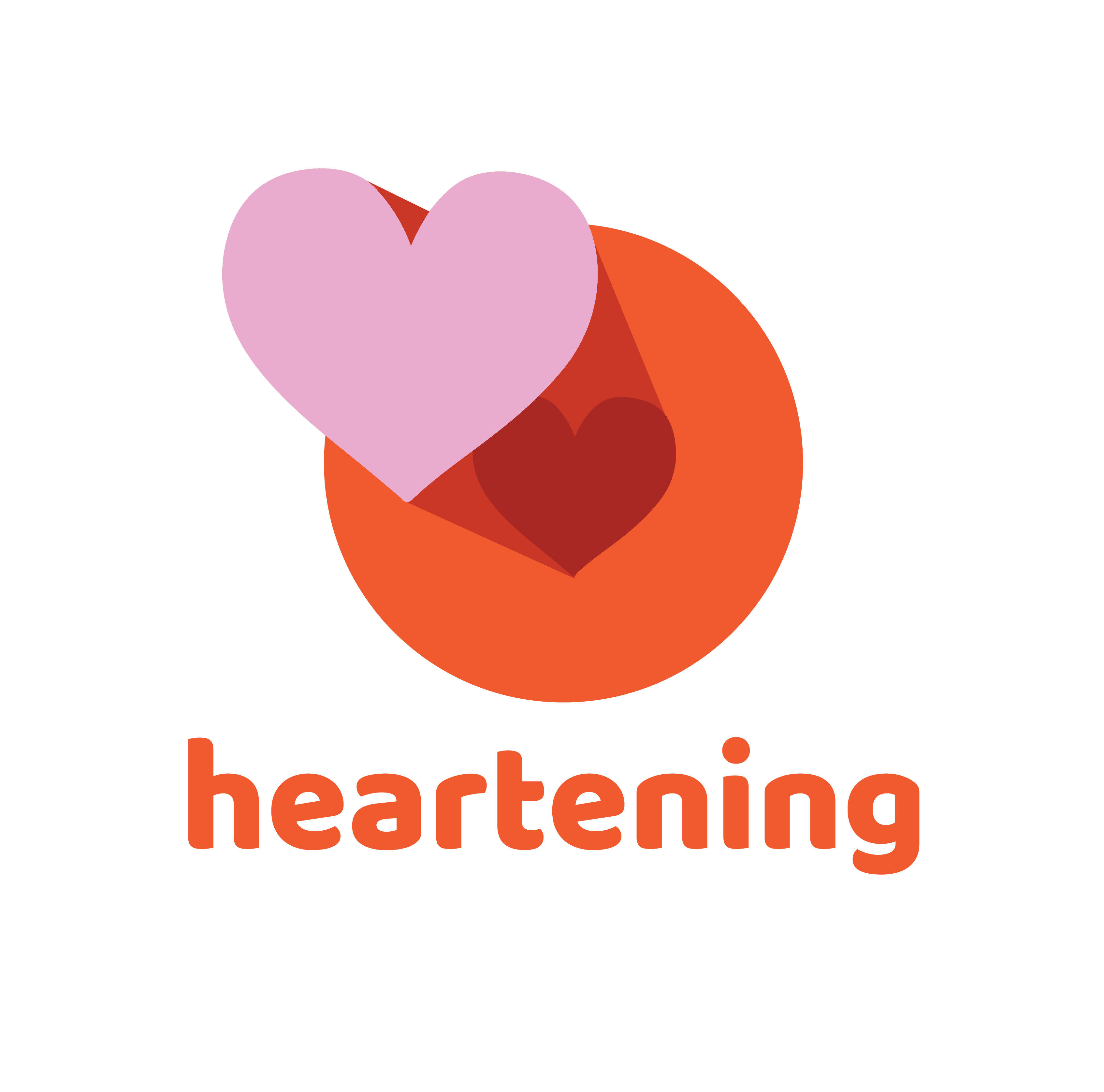 heartening Austin logo which is a pink heart coming out of a red circle that has a heart shape shadow in the center with the word heartening below